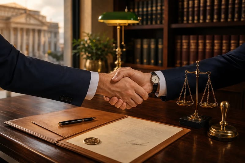 Clientes del Receptor Judicial de Concepción Apretón de manos profesional entre el Receptor Judicial de Concepción y su cliente, con carpeta de diligencia entregada y vista del Palacio de Tribunales al fondo